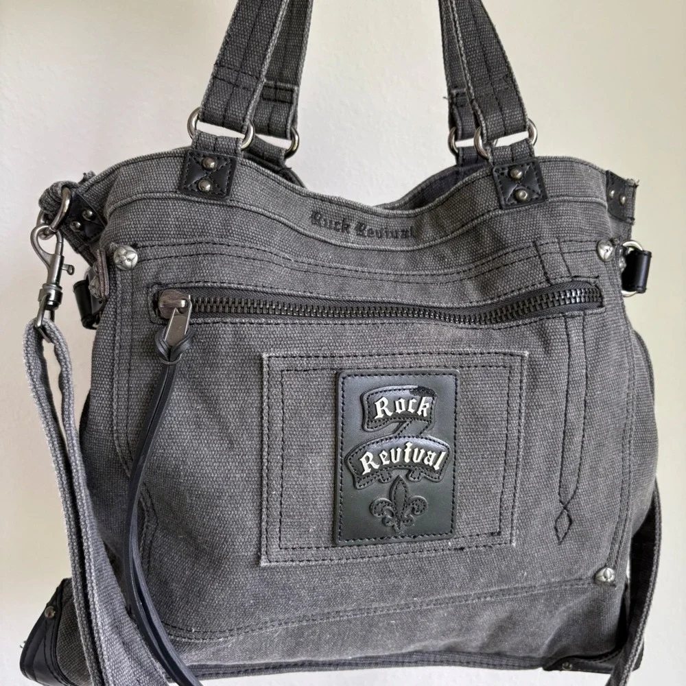 Rock Revival Grey Denim Canvas Messenger Tote Bag Crossbody Y2K Grunge